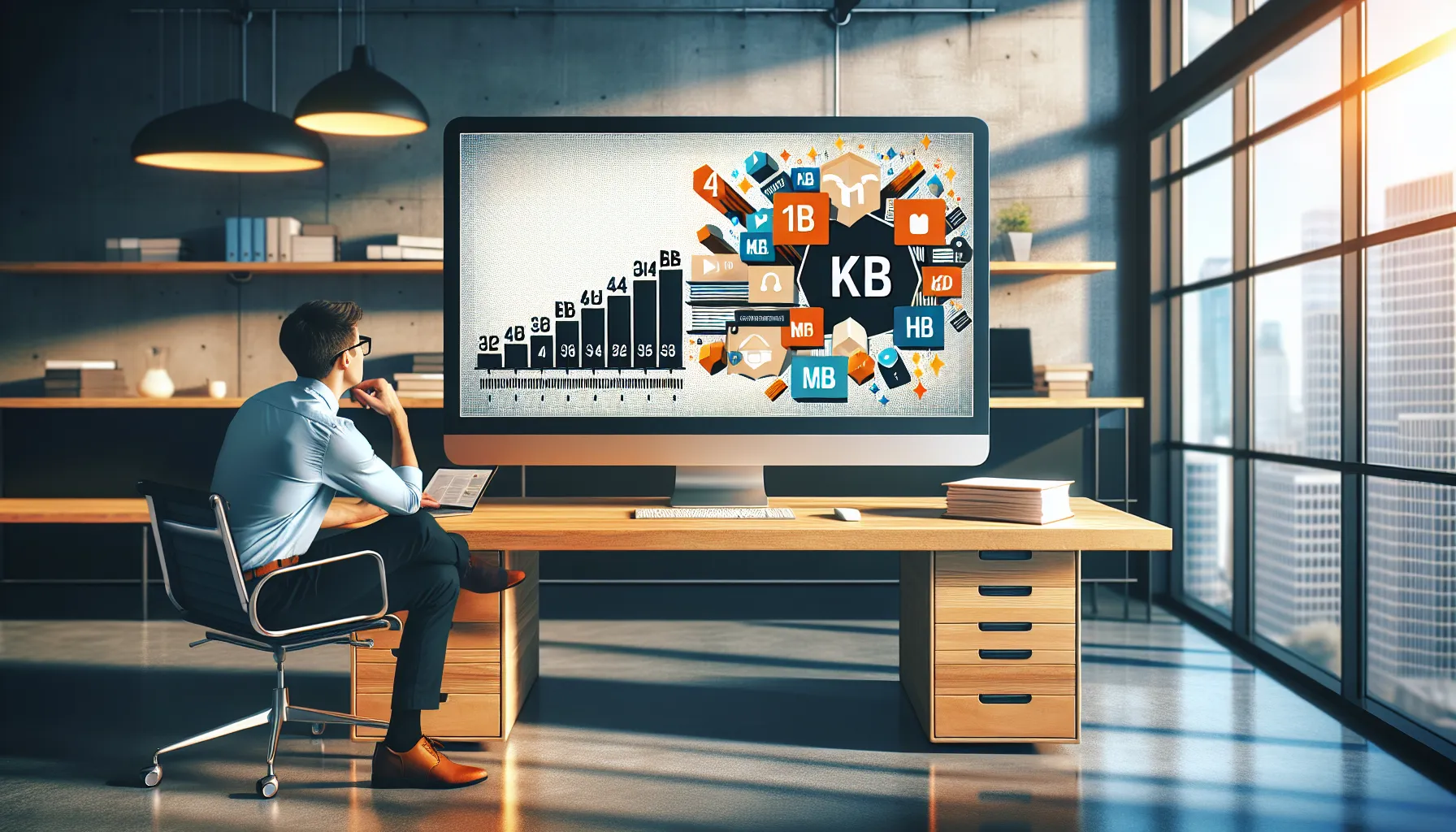 a young adult analyzing a computer infographic about KB and MB file sizes.