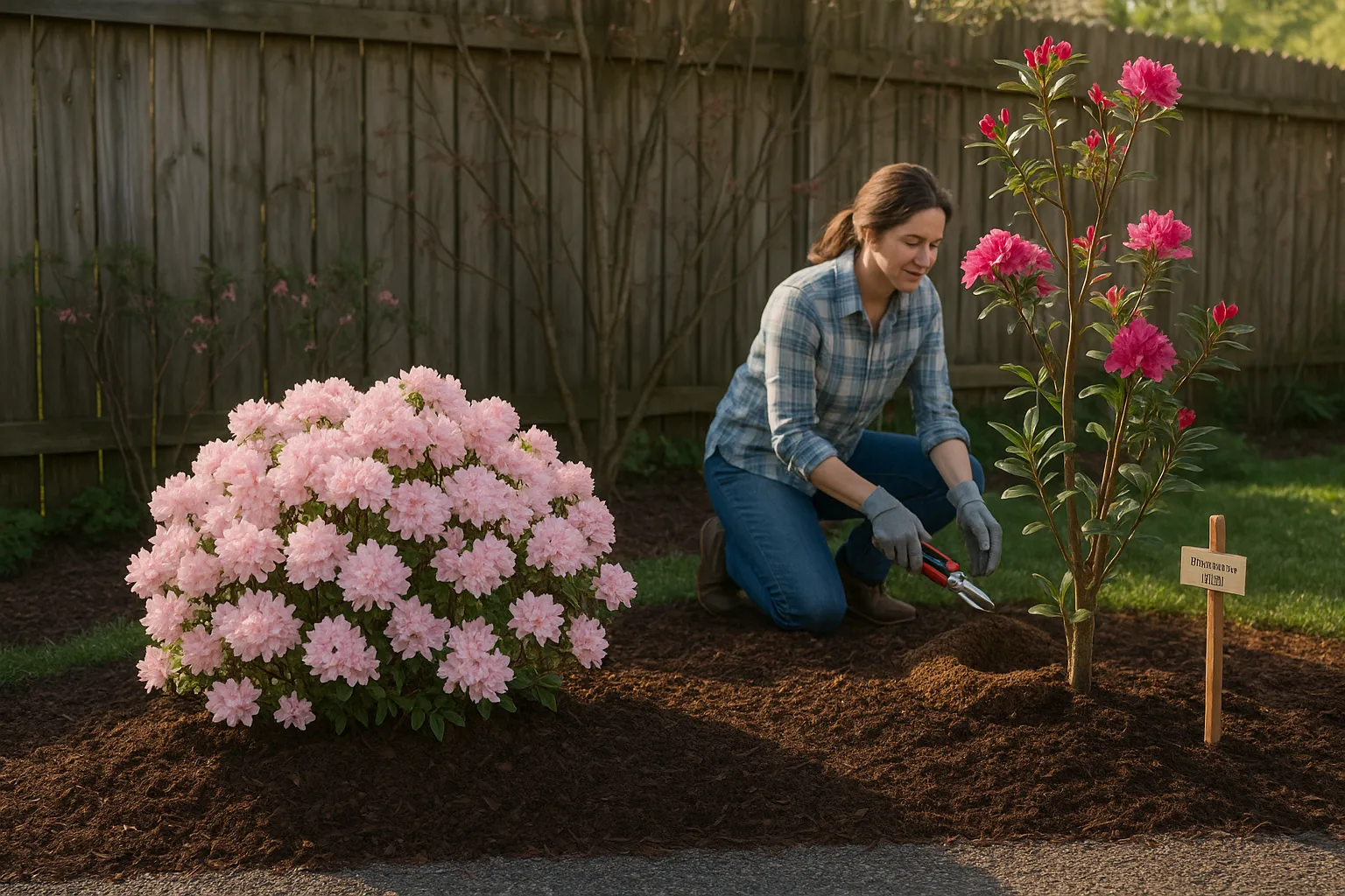 Two azaleas side-by-side: compact spring classic and taller repeat-bloomer with gardener.