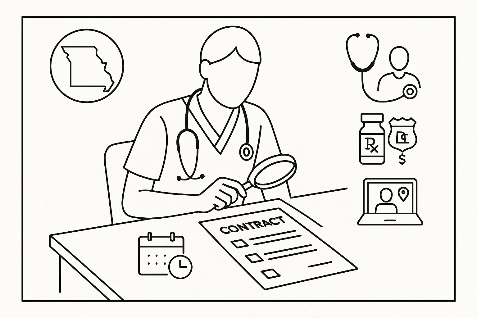 Nurse practitioner examining a contract with Missouri map and icons for supervision, Rx, telehealth.
