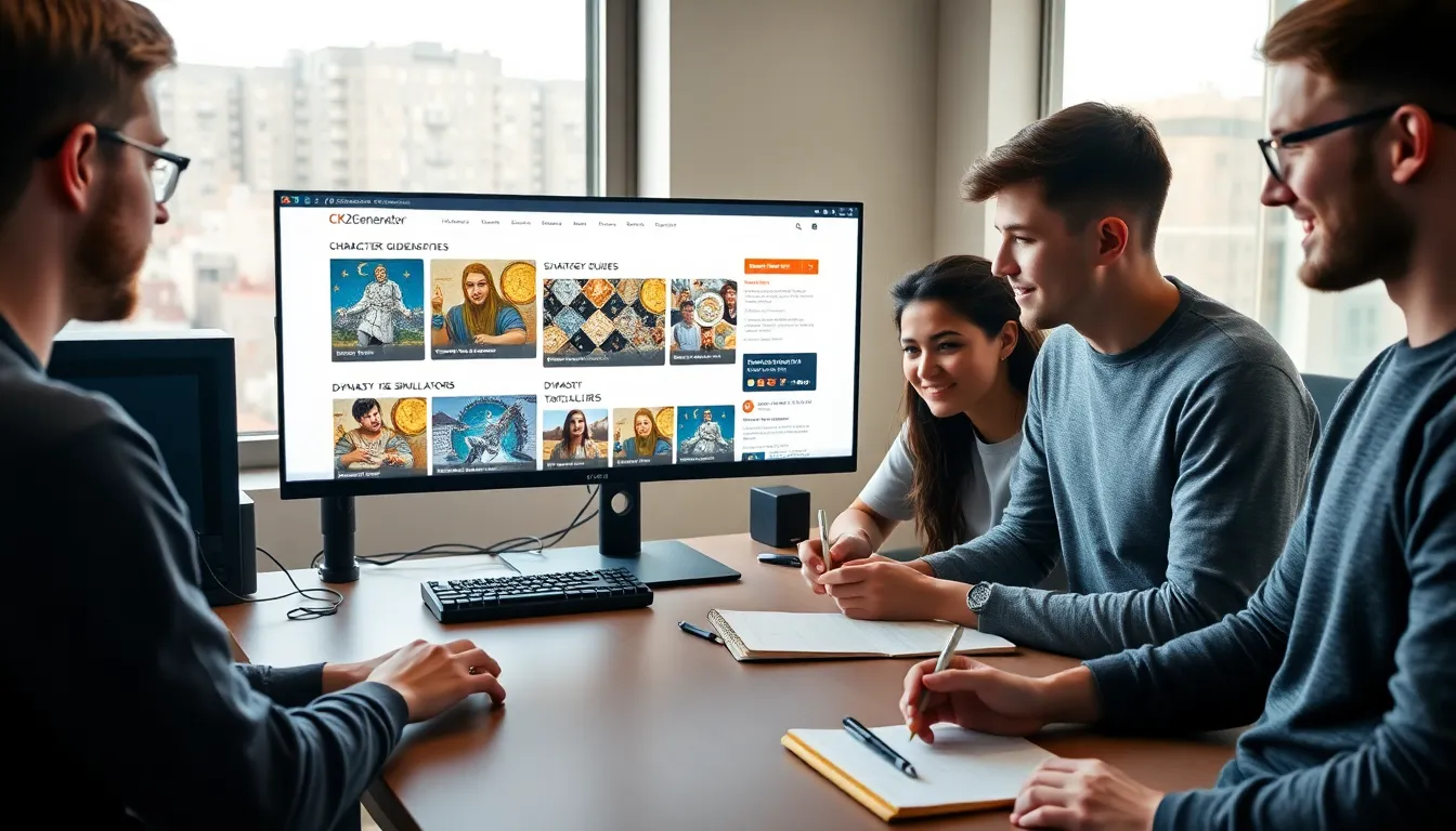 diverse gamers discussing strategy guides for Crusader Kings II at a desk.