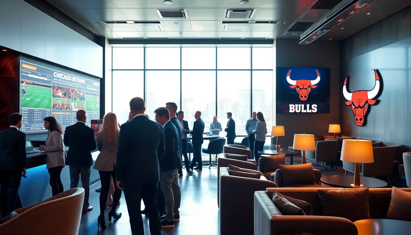 modern sports betting lounge in Illinois with diverse professionals.
