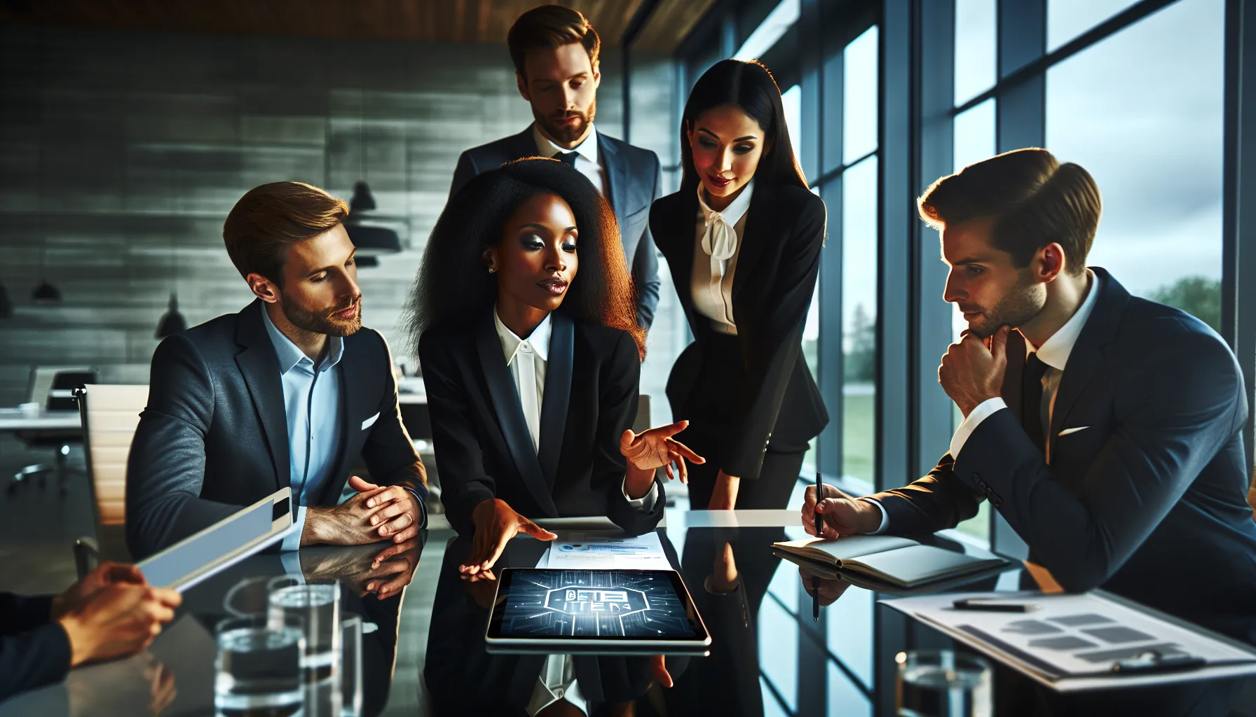 diverse team discussing technology solutions in a modern office.