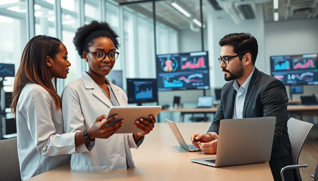 diverse team discussing technology innovations in a modern office.
