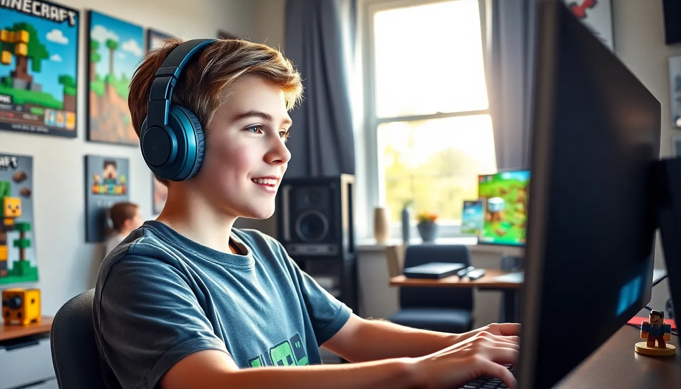 a young gamer playing Minecraft with a colorful animated screen.