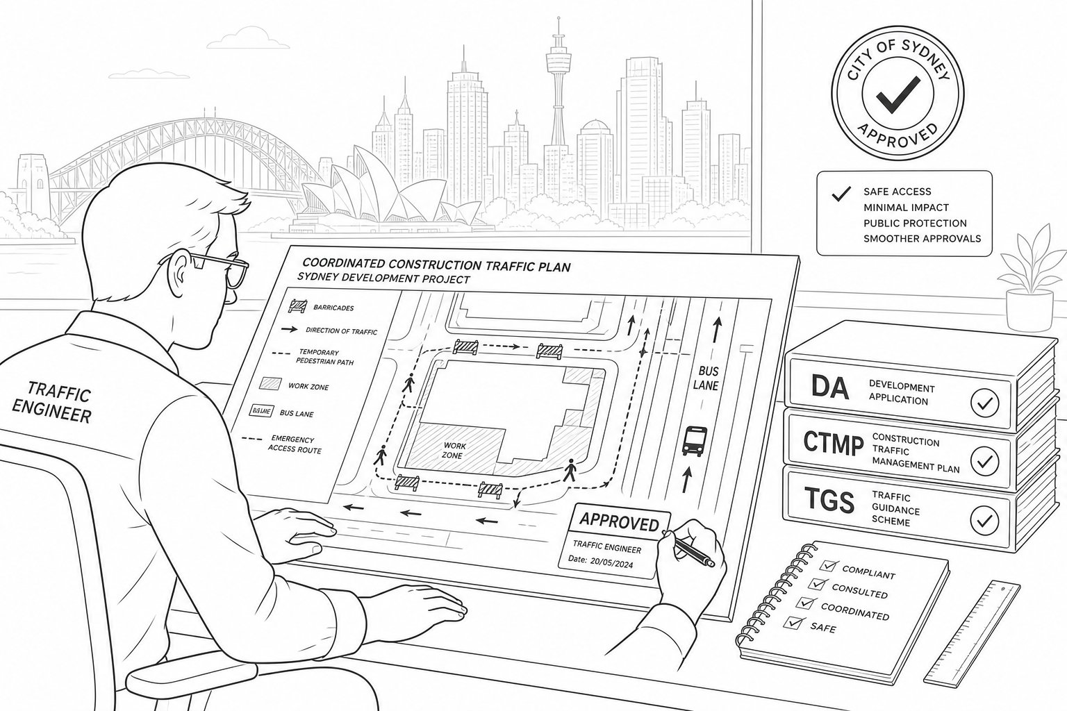 Traffic engineer reviewing coordinated construction access and road management plans in Sydney.