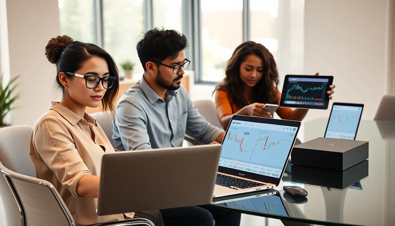 diverse team exploring cryptocurrency on laptops in a modern office.