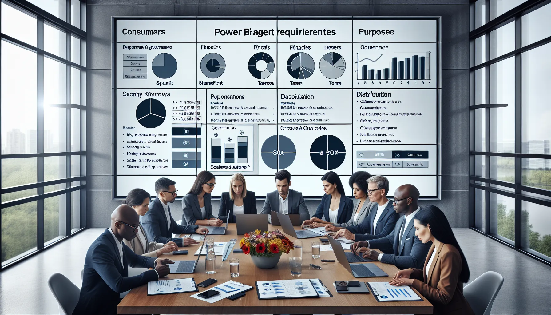 Diverse analytics team planning enterprise Power BI scheduled reports in a modern conference room.