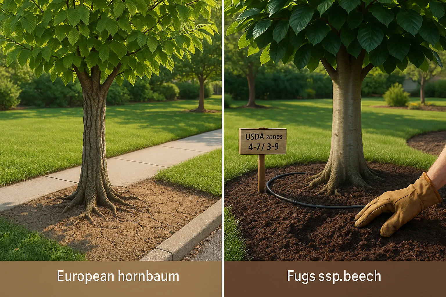 Hornbeam beside beech showing compacted clay and rich loam soils.