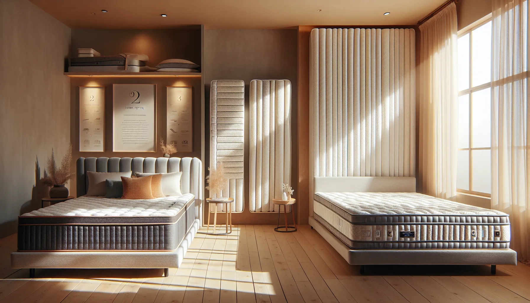 Two mattresses, innerspring and hybrid, displayed in a well-lit showroom setting.