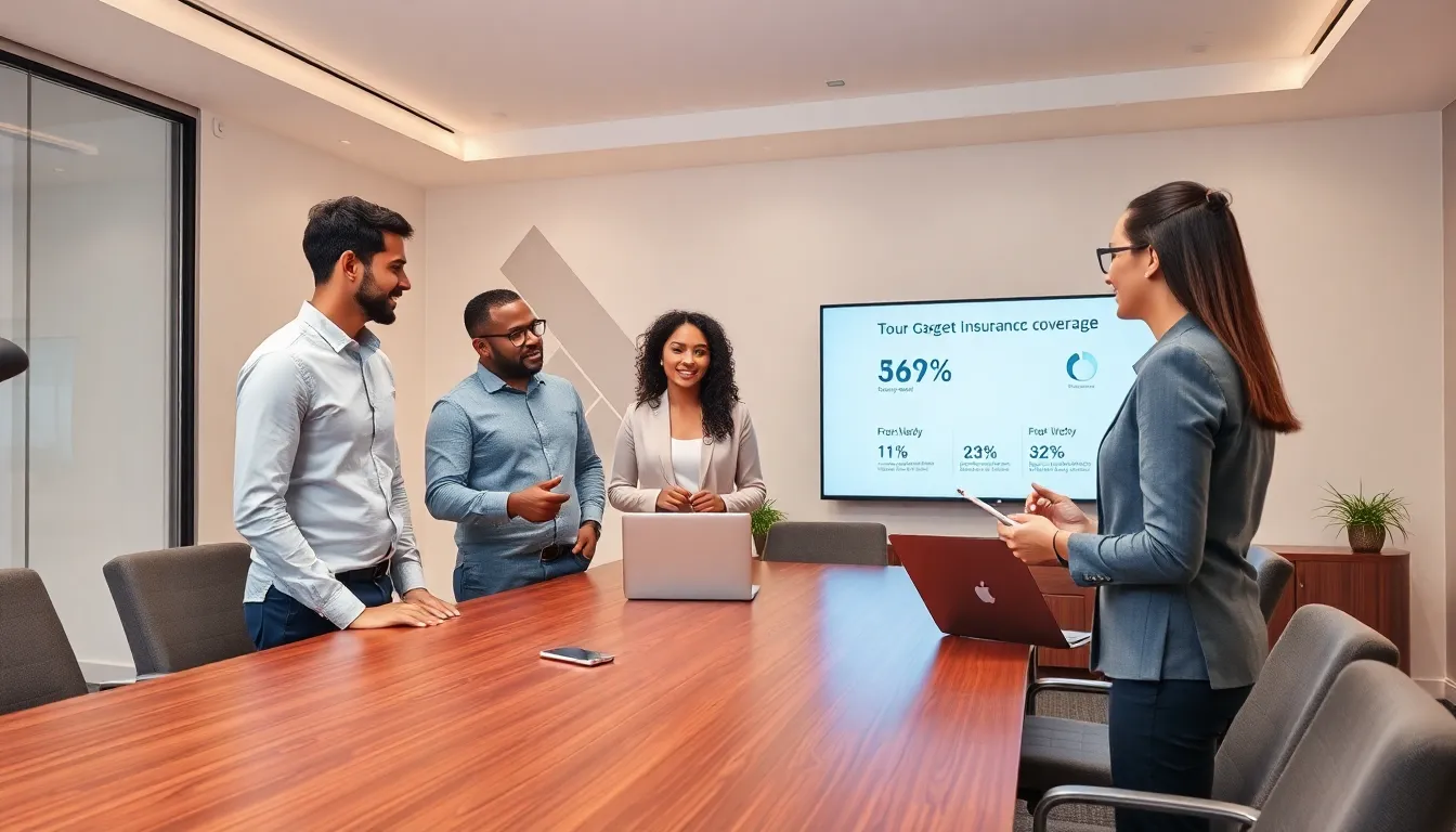 diverse team discussing gadget insurance in a modern office.