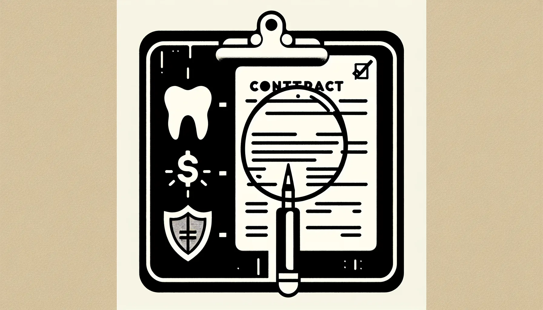 magnifying glass over contract with tooth, dollar sign, shield, and US outline of Dental Associate Contract Review.