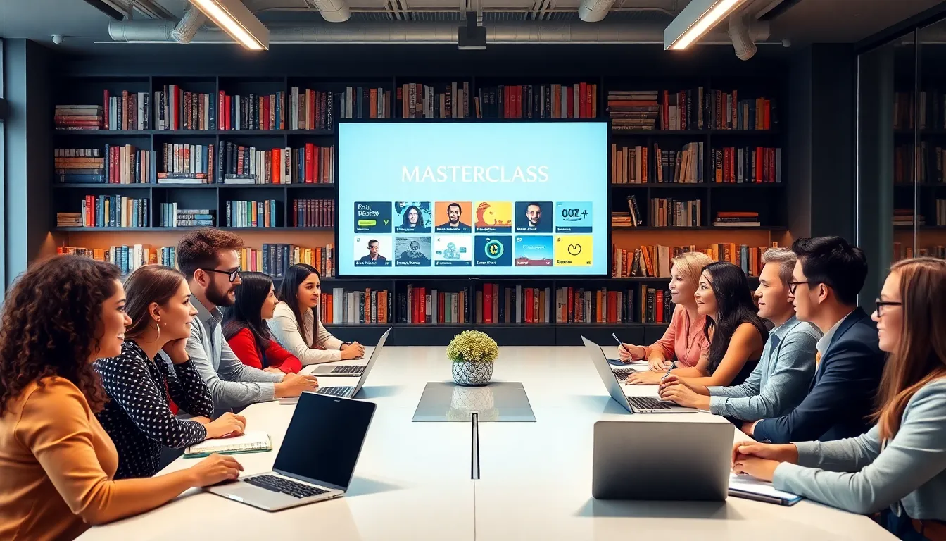 diverse group collaborating in a modern workspace on Masterclass courses.