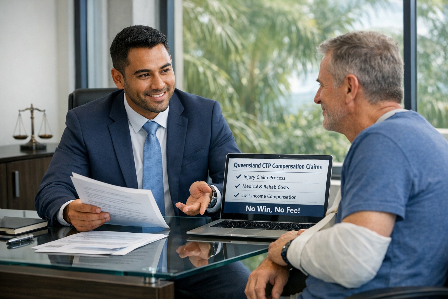 Car accident lawyer consulting injured client in modern Cairns office.