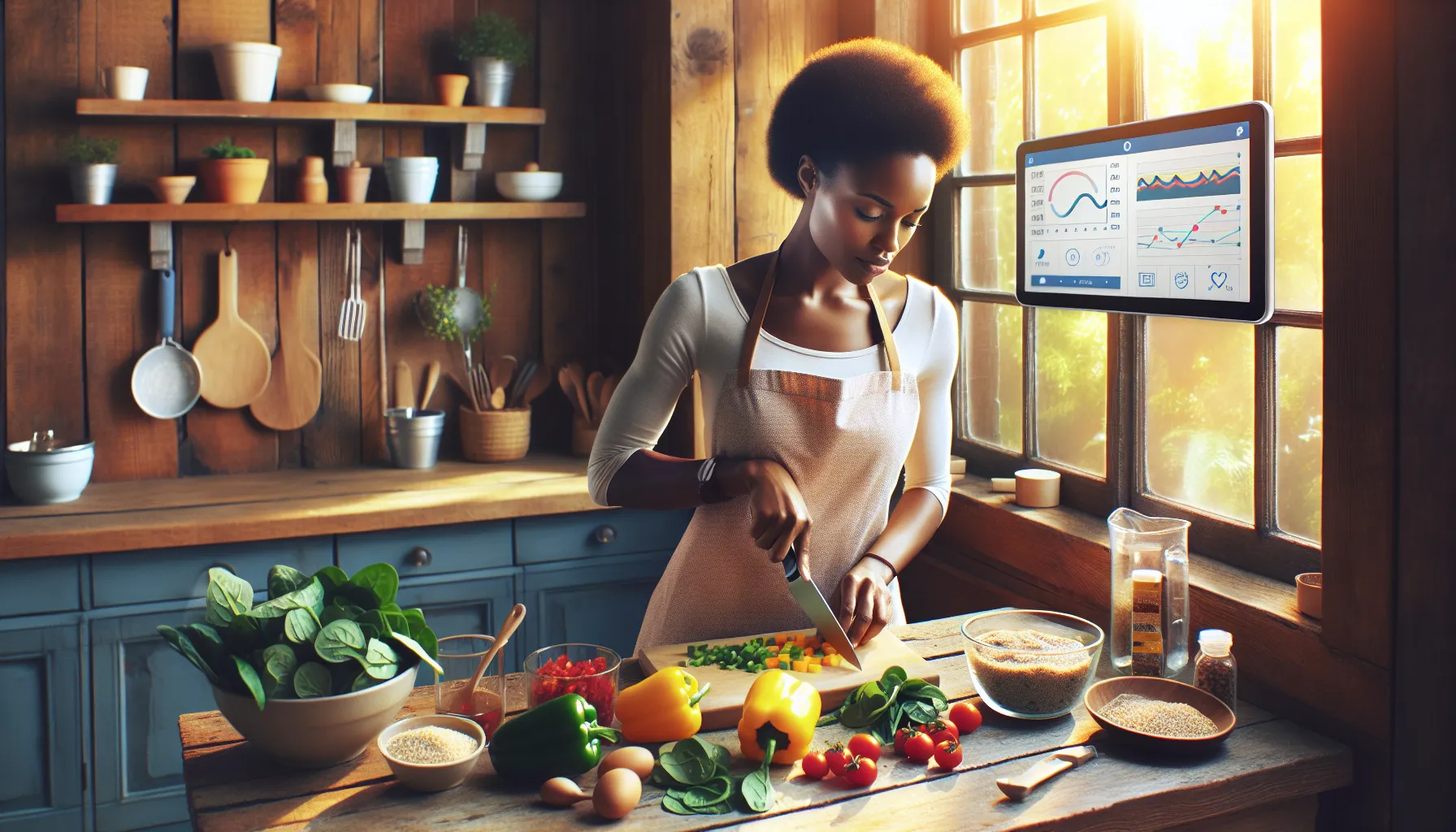 A woman prepares a healthy meal in a sunny kitchen.