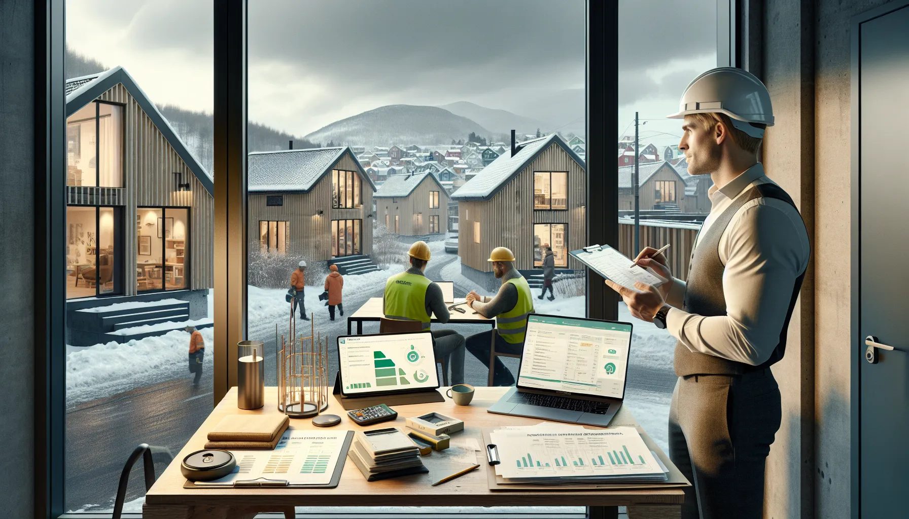 Norwegian contractor reviews energy label and ns 3600:2025 documents in site office.