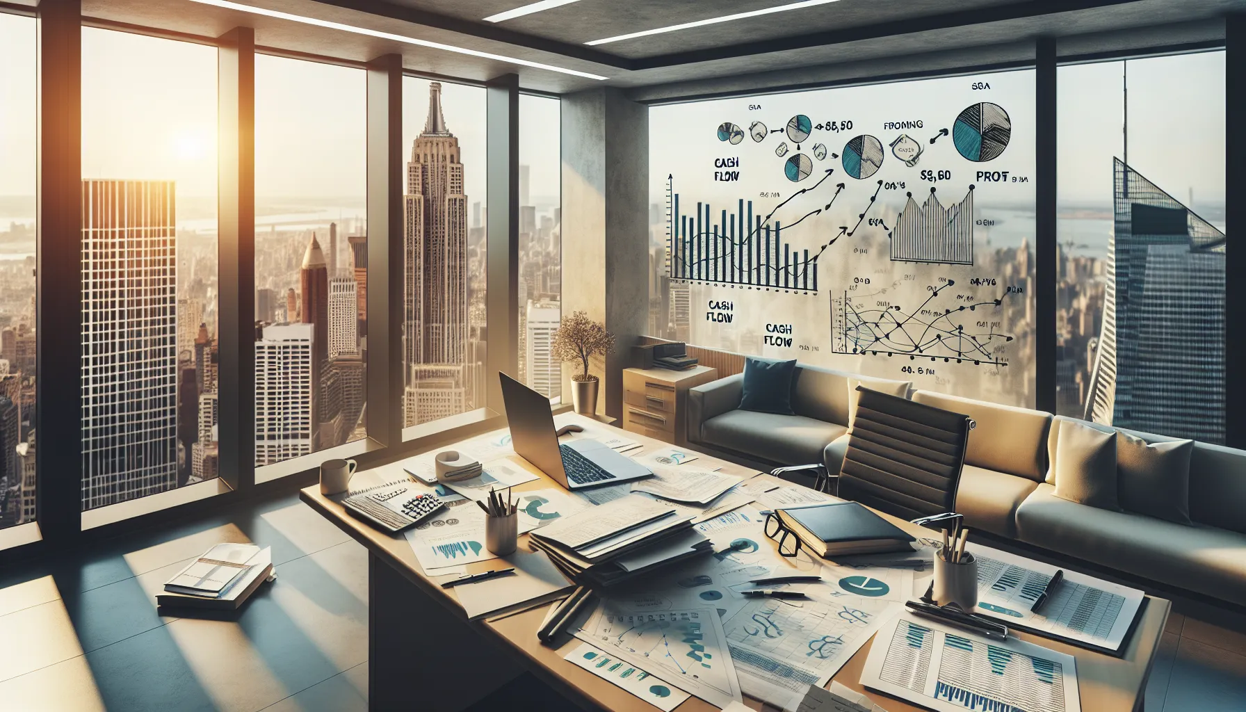 An accounting office showing documents on cash flow and profit analysis.