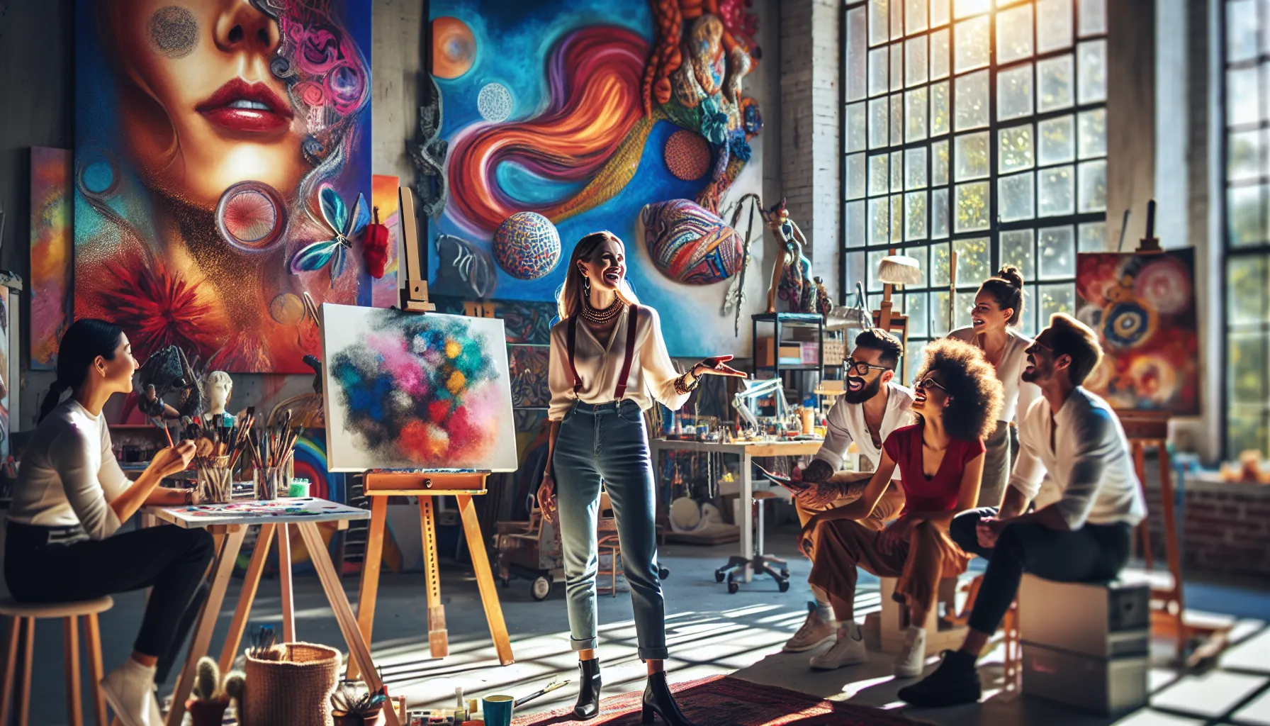 Ashley Johannsson collaborating with diverse artists in a vibrant studio.