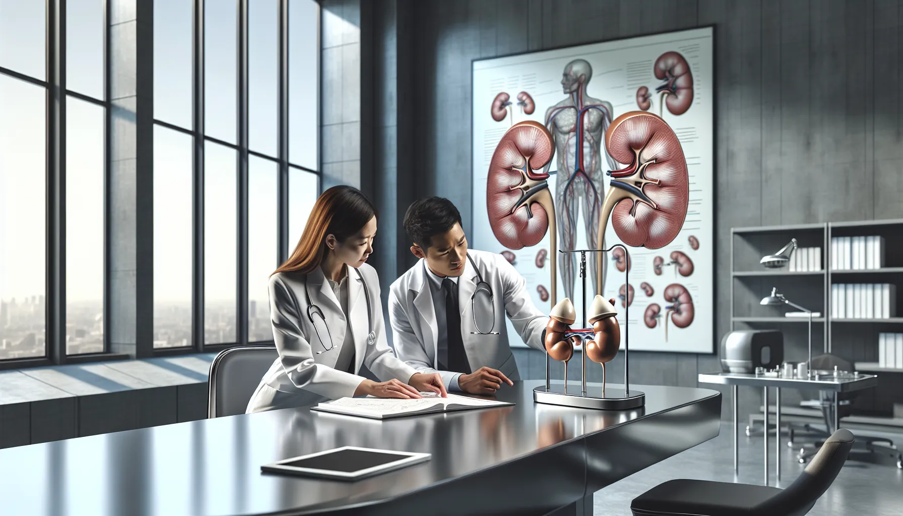 medical professionals discussing kidney health in a modern office.