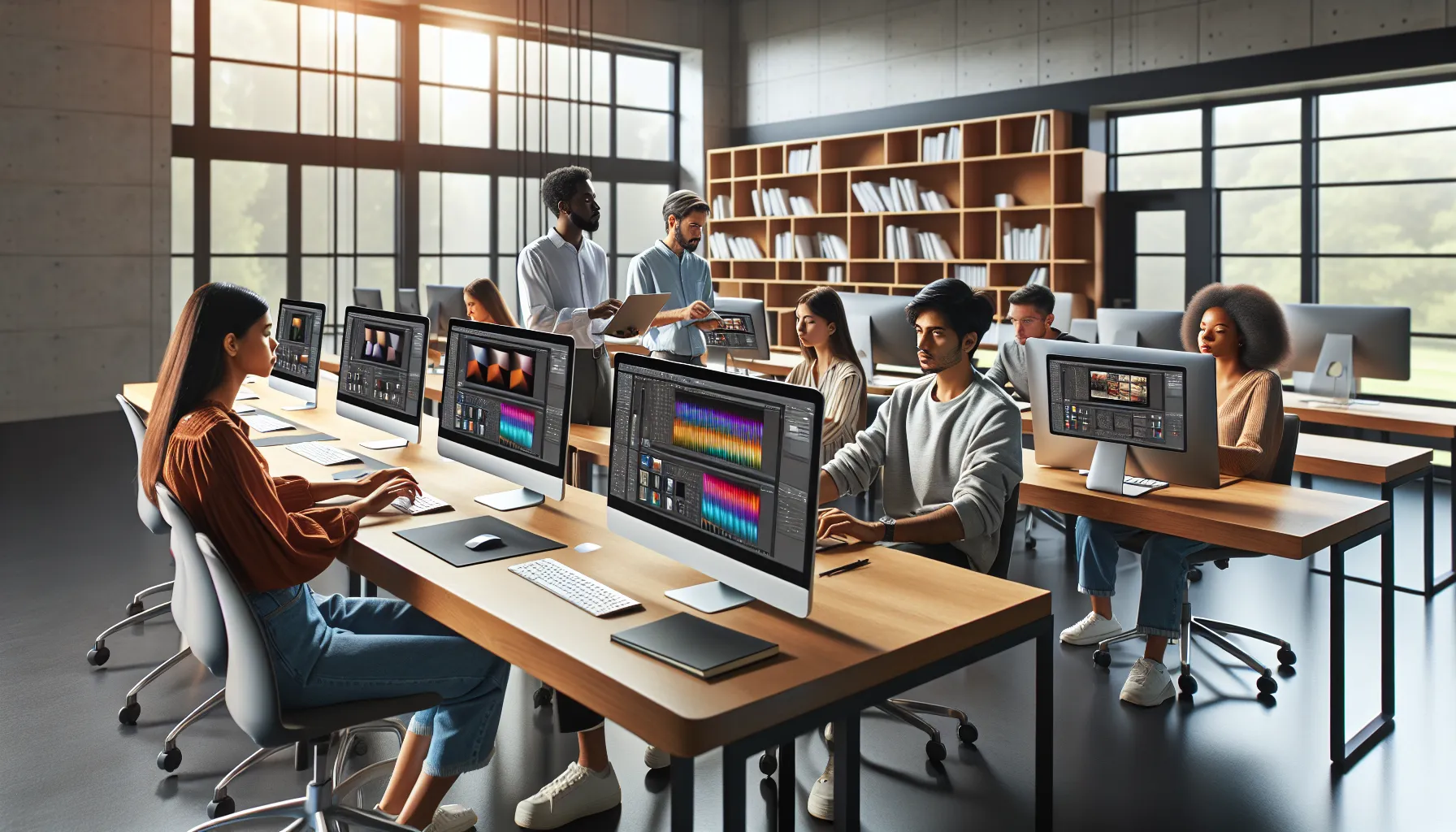 students learning Photoshop in a modern classroom.