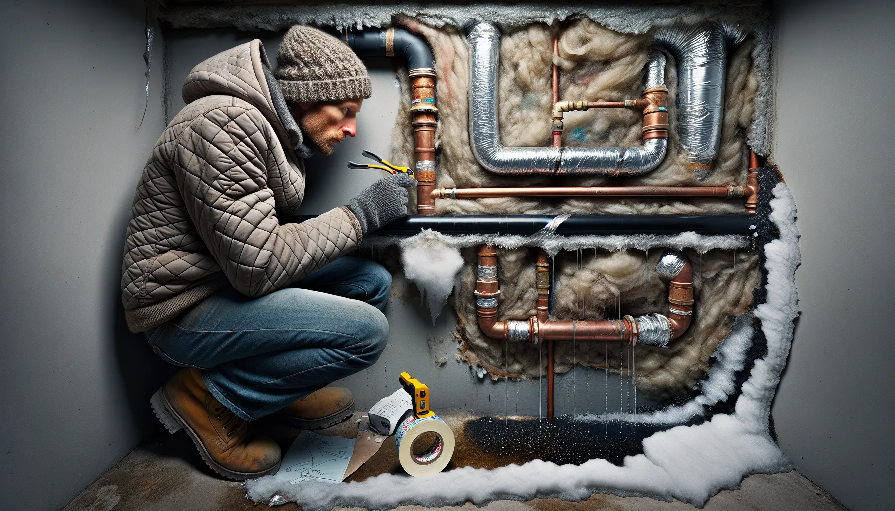 Plumber sealing pipe insulation while adjacent uninsulated pipe shows frost and condensation.