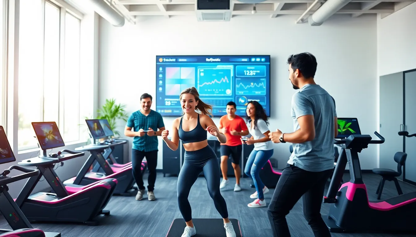 diverse gamers engaged in health-focused gameplay in a modern studio.