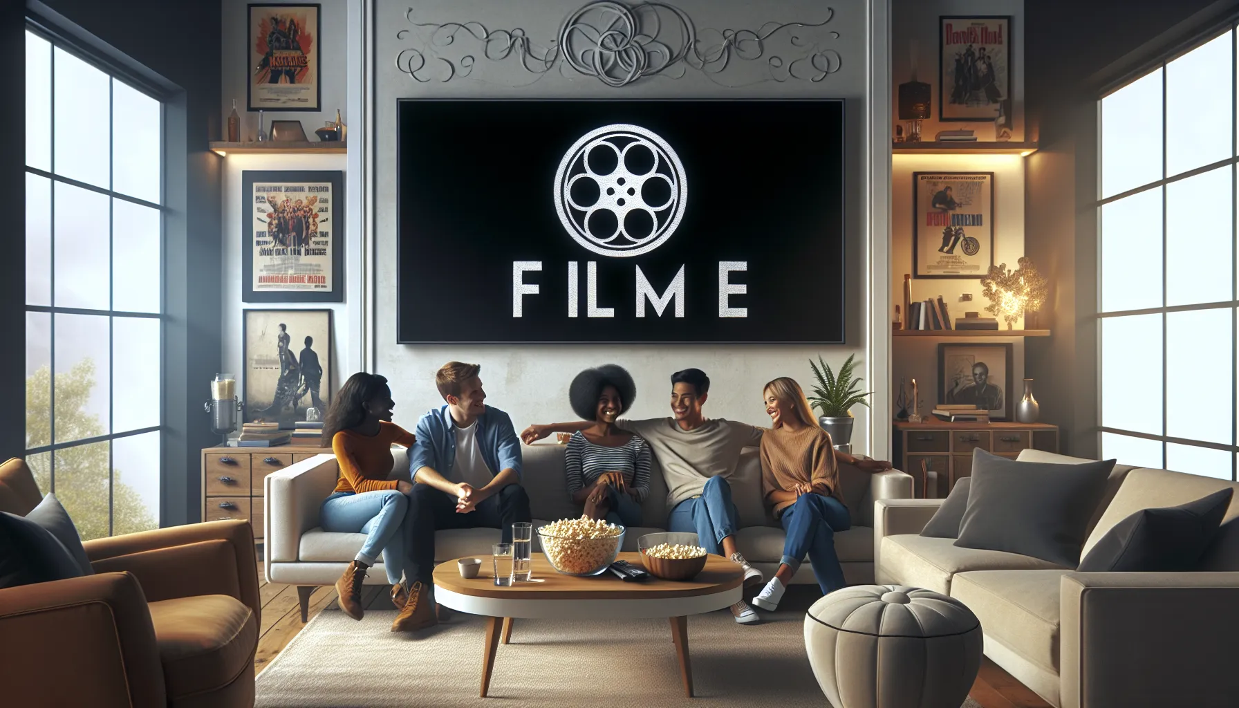 diverse group enjoying a movie in a modern living room.