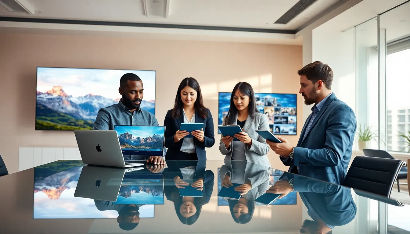 diverse team discussing media types in a modern office.