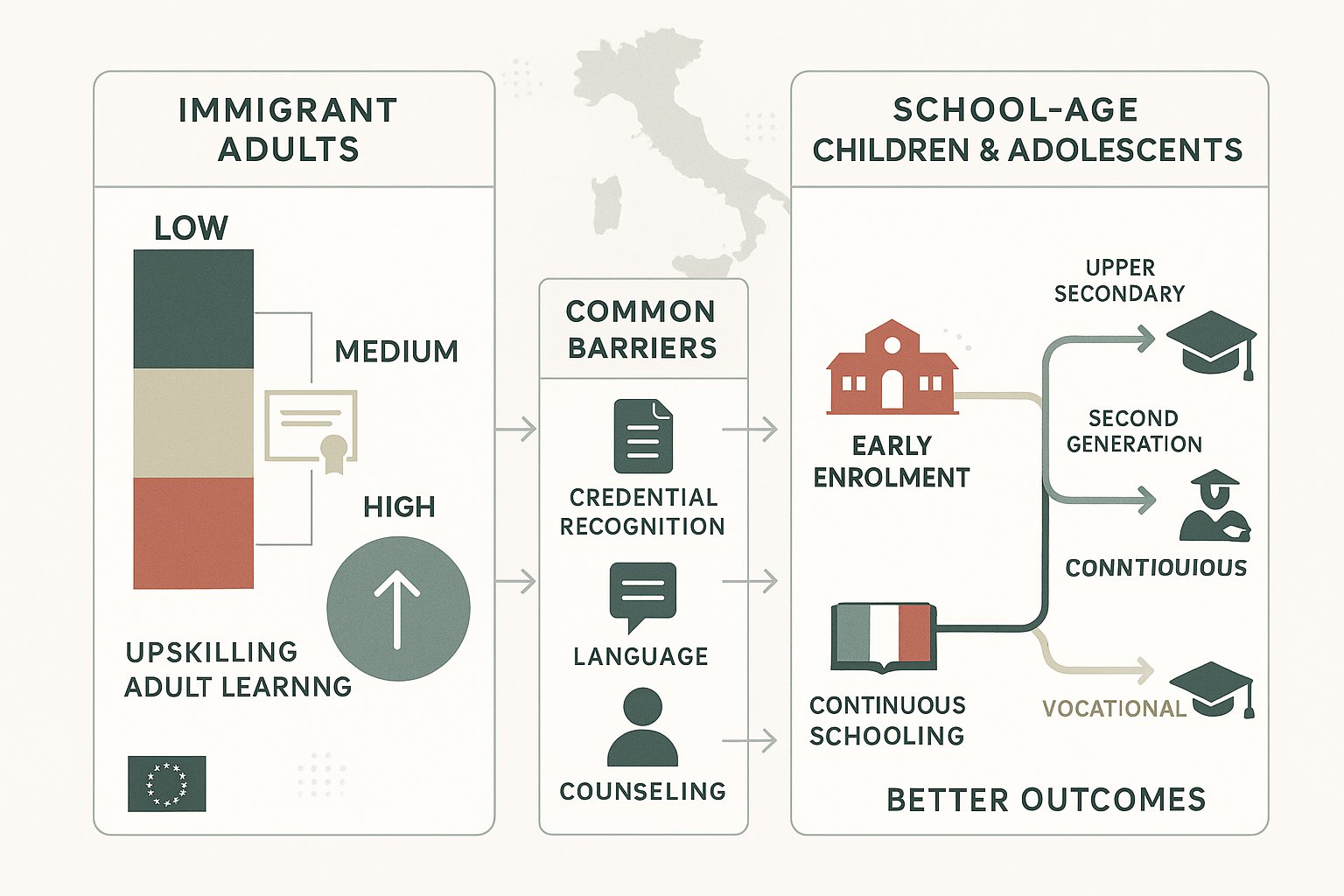 Infografica a due colonne che confronta l'istruzione degli adulti e dei giovani immigrati in Italia.