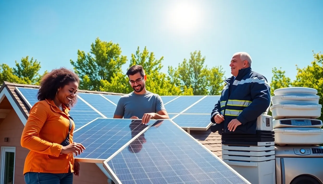 a diverse team discussing solar panel installation on a sunny rooftop.