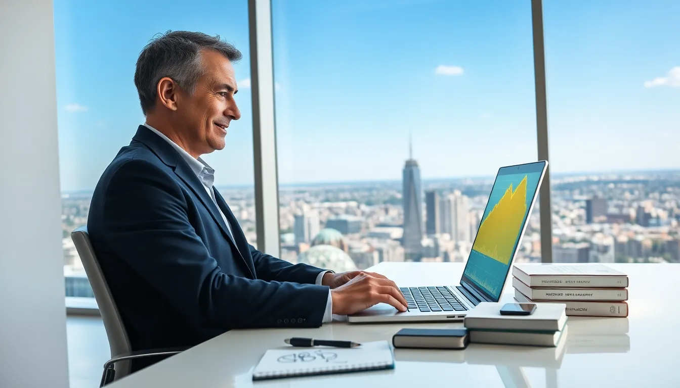 a man analyzing Bitcoin Bitclassic trends on his laptop in an office.