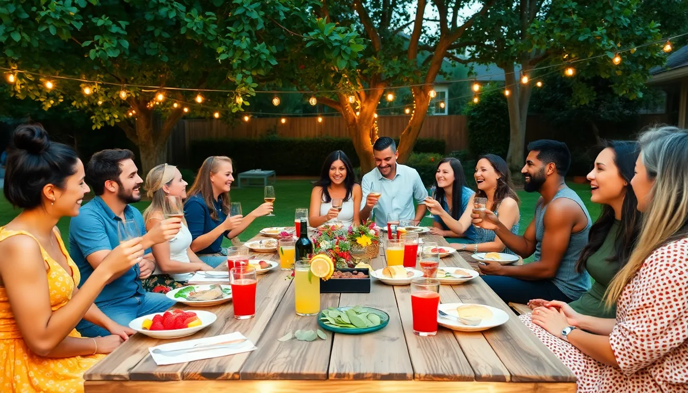 diverse friends celebrating at a cozy backyard gathering.