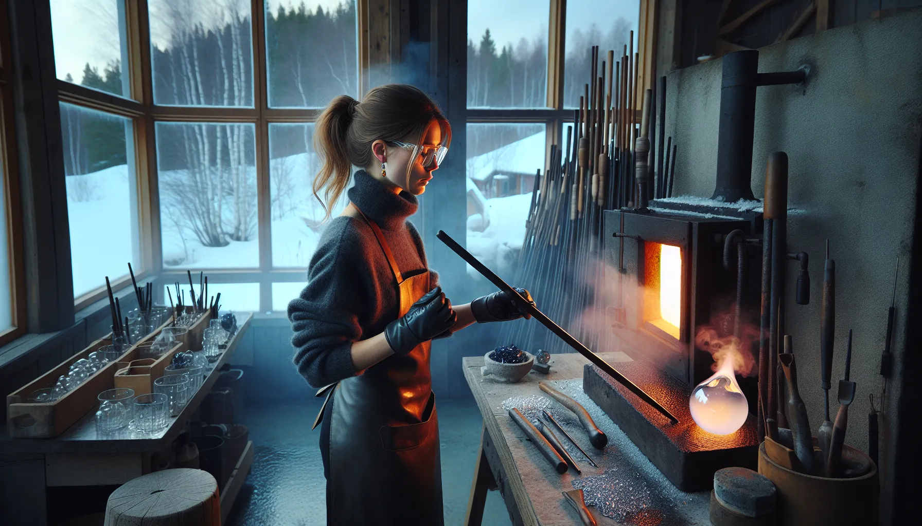 Norwegian glassblower shaping molten glass amid historical and modern pieces.