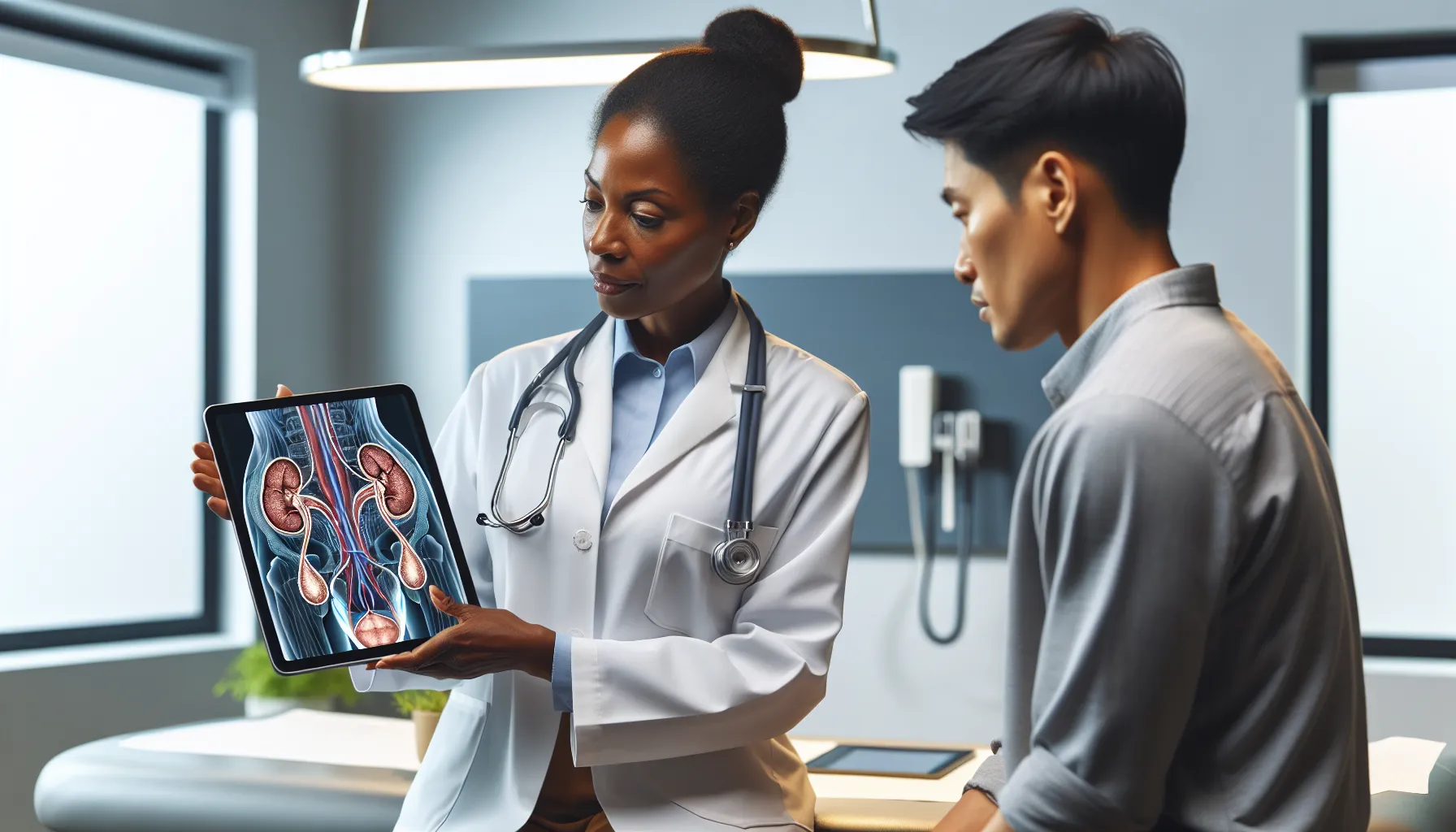 medical professional discussing urinary health with a patient.