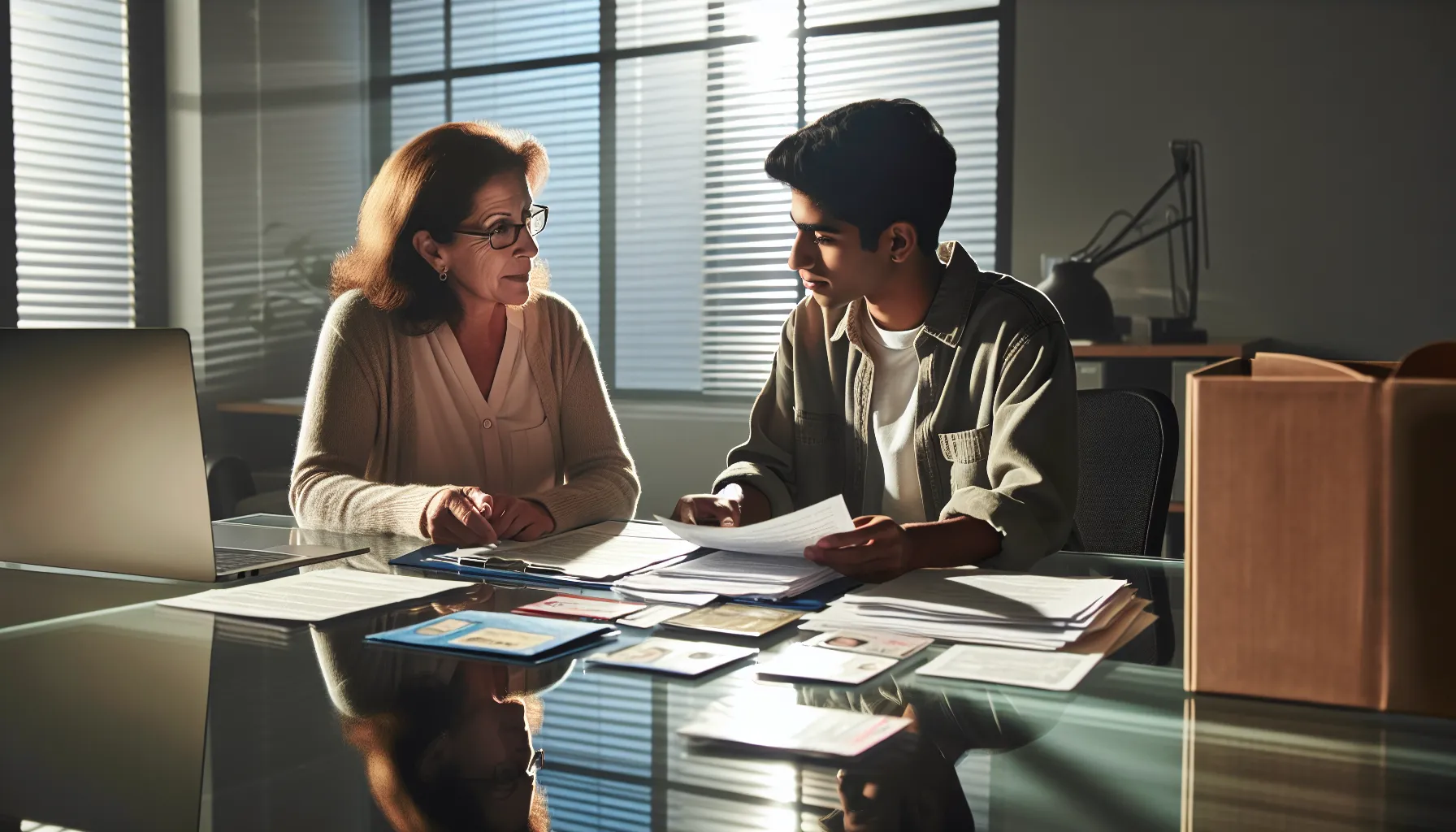 Two people discussing paperwork in a modern office setting.