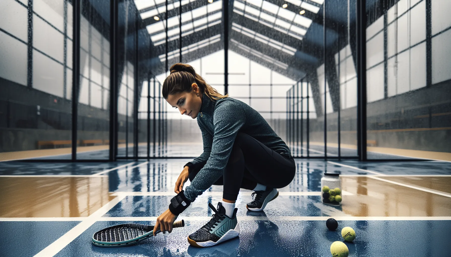 Player preparing indoor padel gear with herringbone shoes, new overgrip, fresh balls.