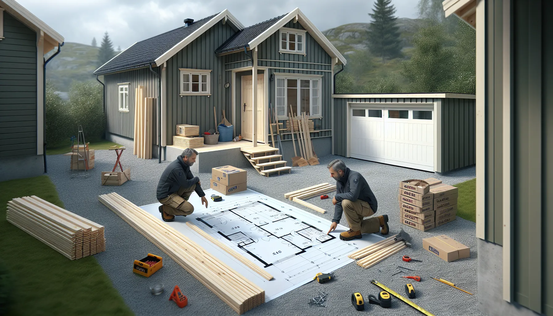 Man planning a simple single-car garage kit on a norwegian yard.