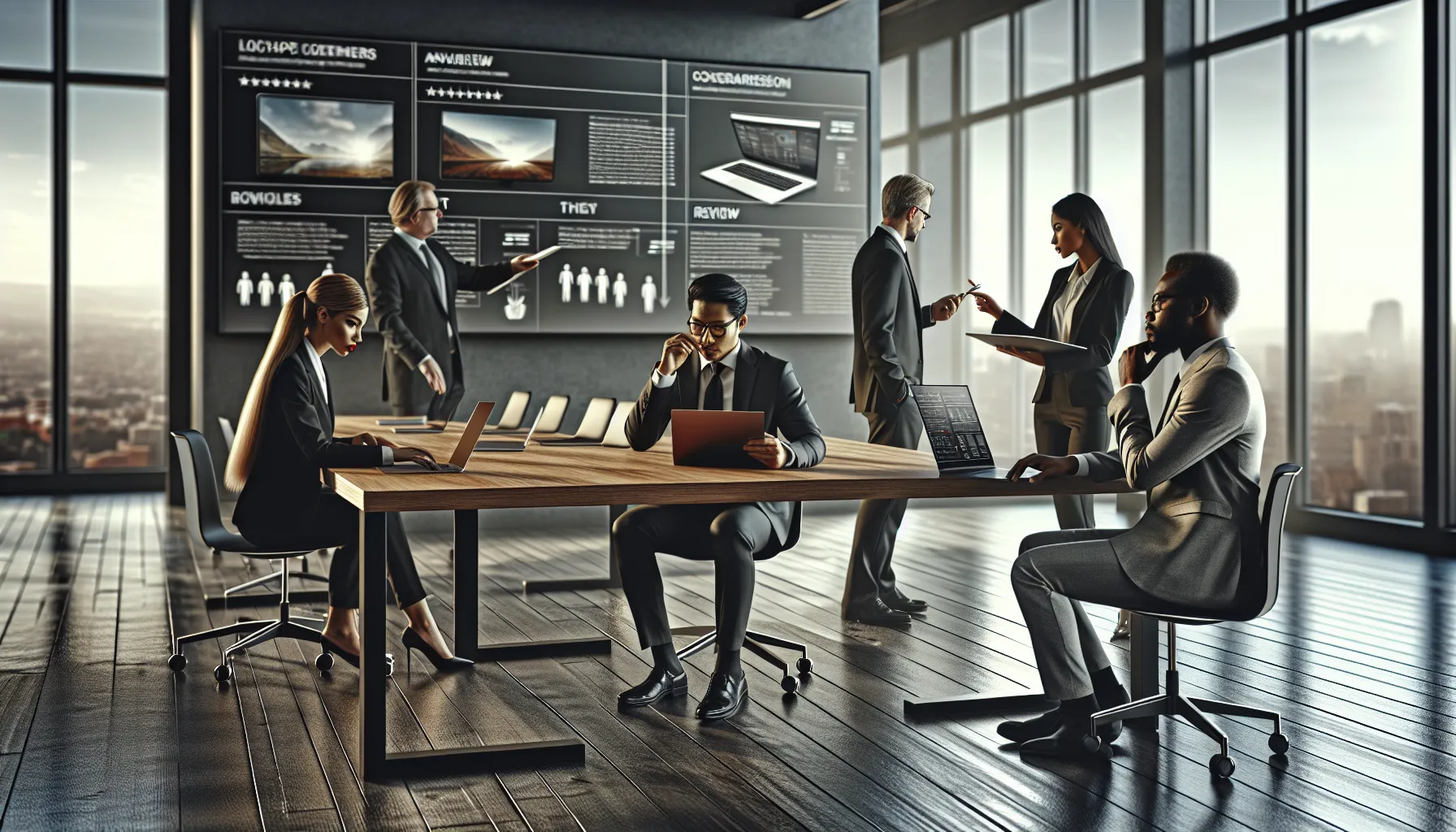 diverse team discussing laptop options in a modern office.