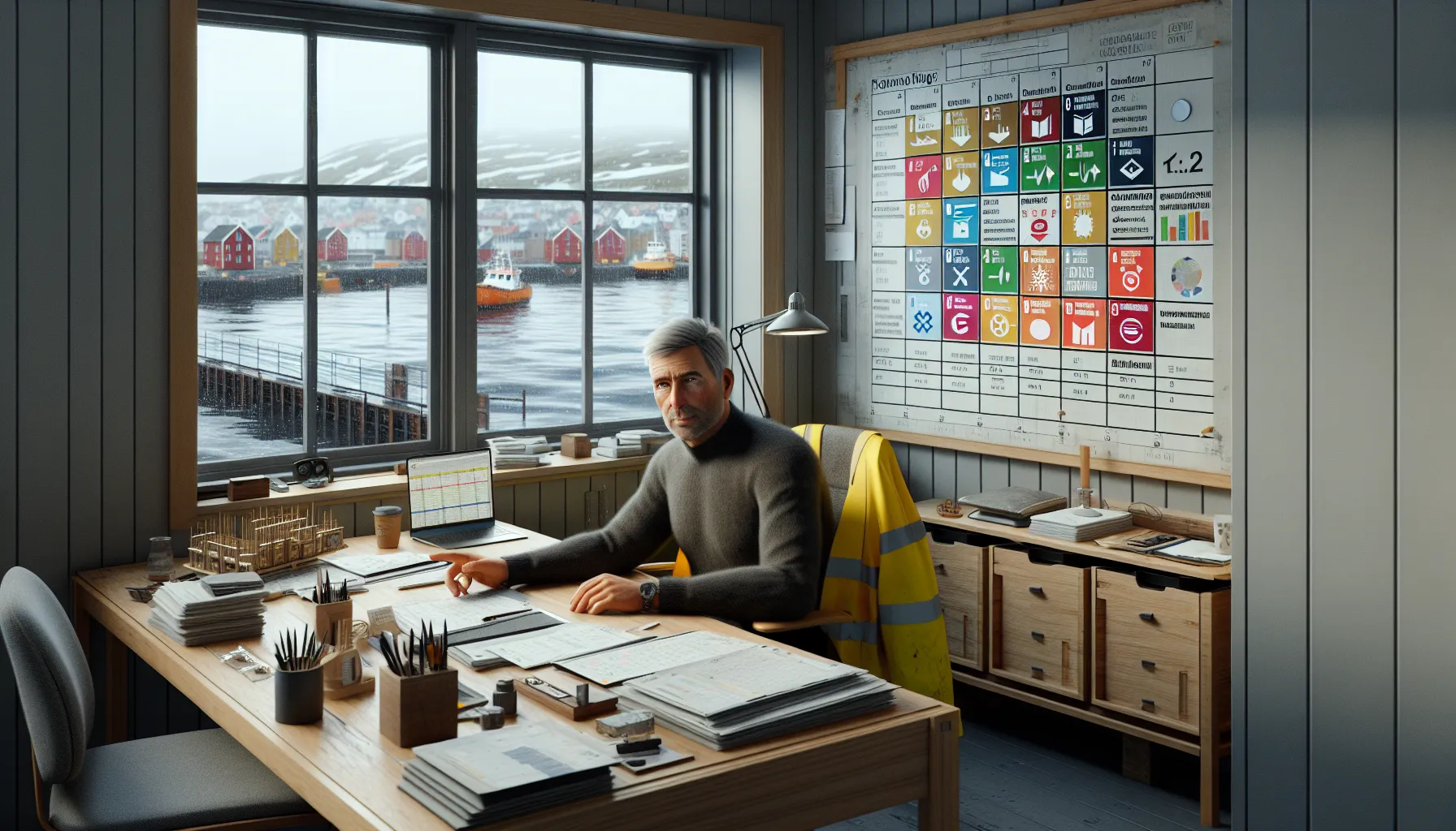 Norwegian construction manager reviews kpi plan while workers sort recycling bins outside.
