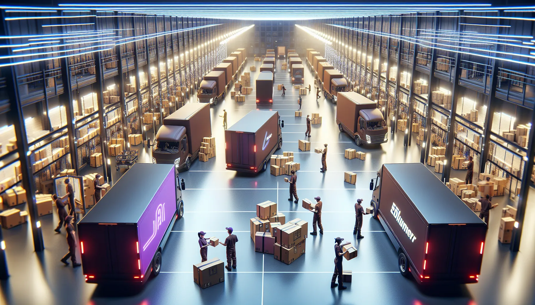 UPS and FedEx delivery hub with workers organizing packages.