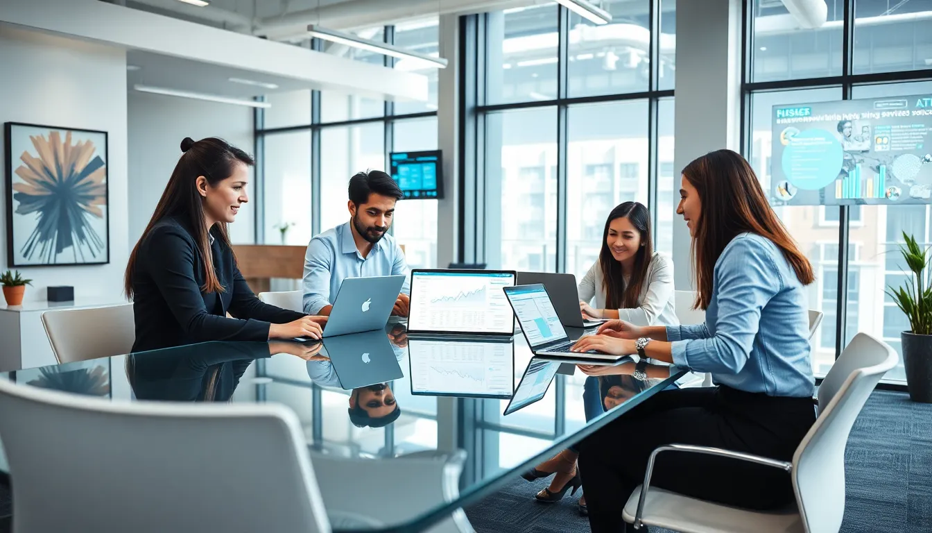 diverse team collaborating on technology in a modern office
