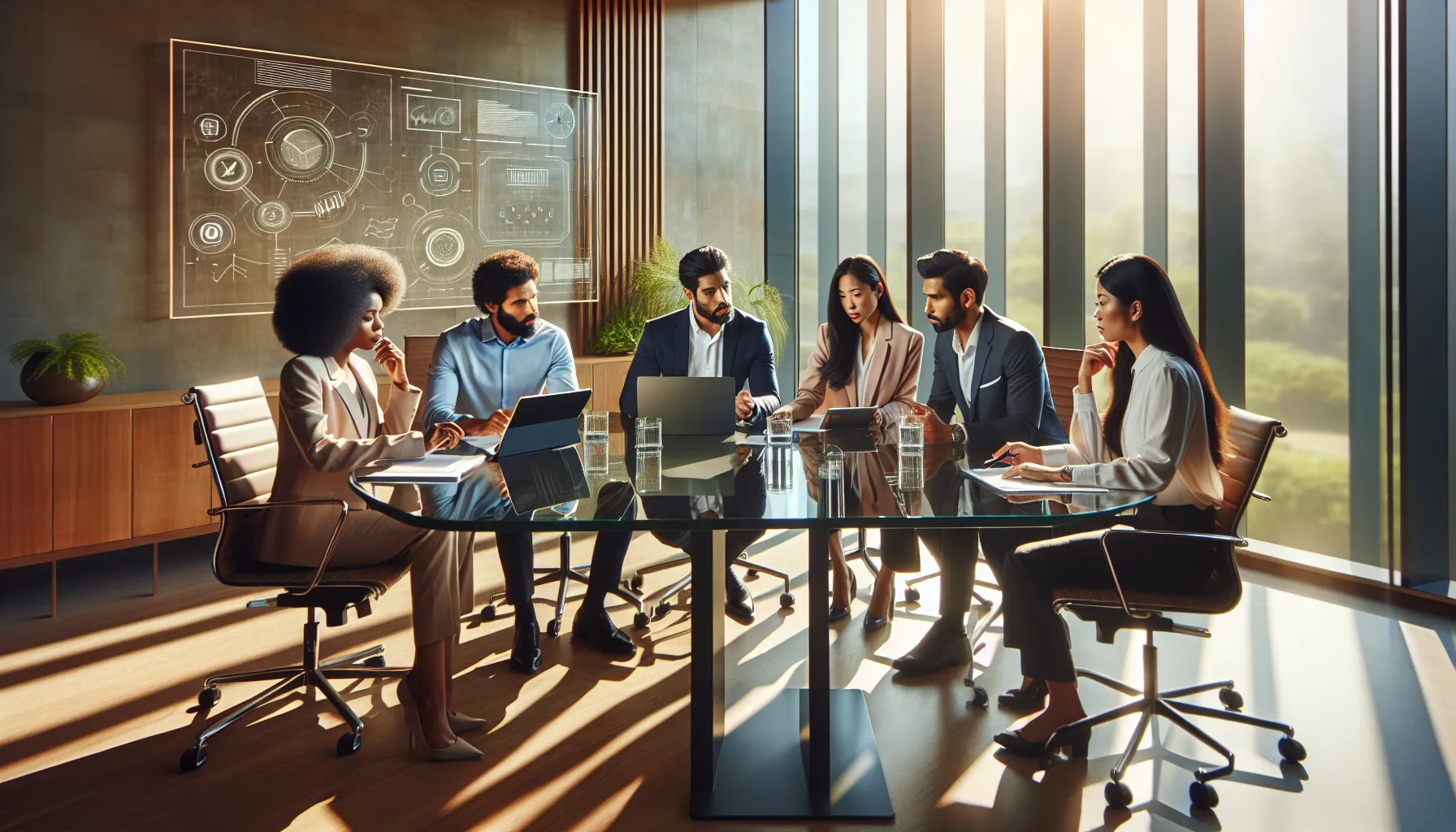 diverse team discussing telecommunications in a modern office.