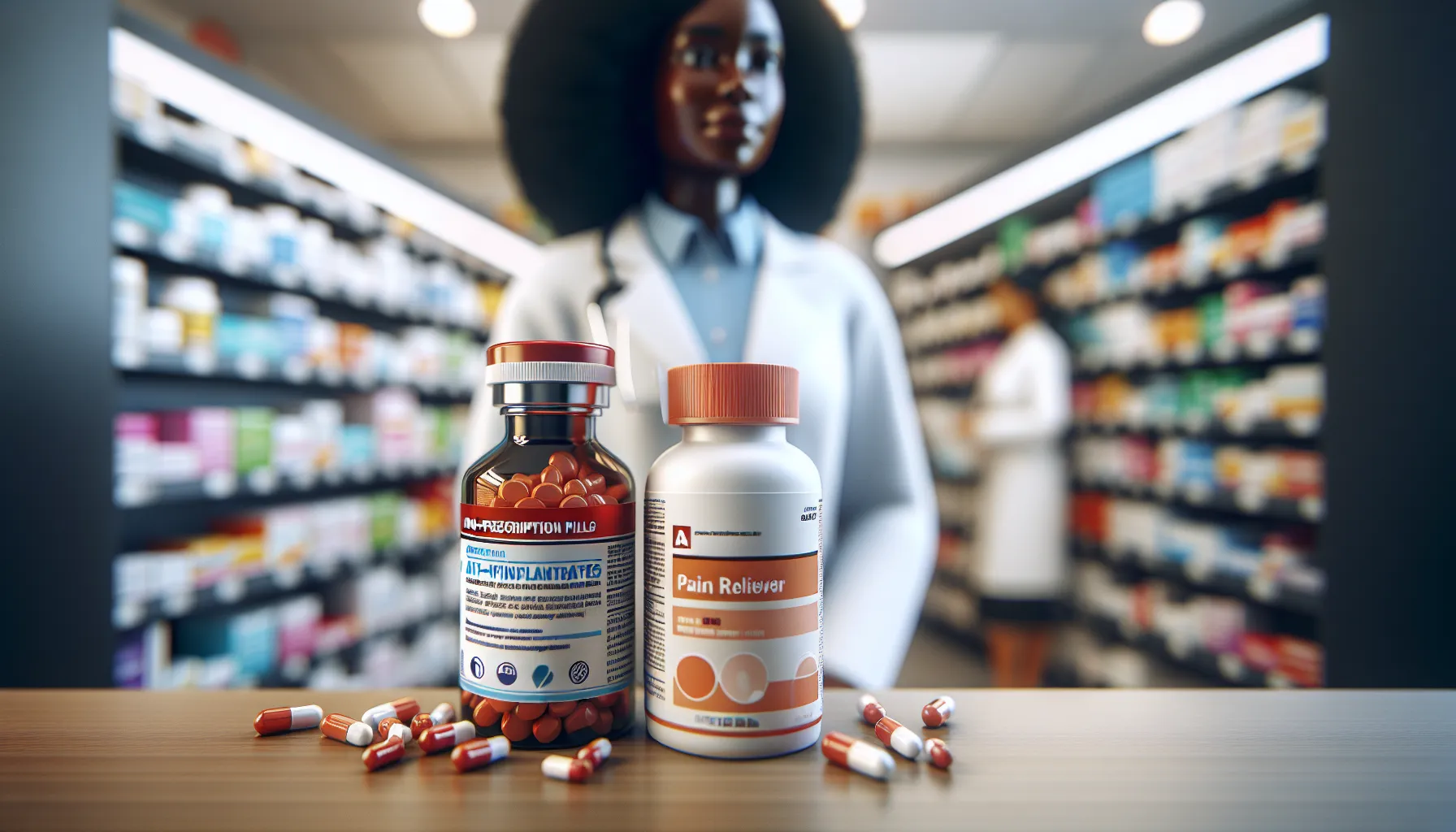 Two medication bottles representing ibuprofen and Tylenol on a pharmacy counter.