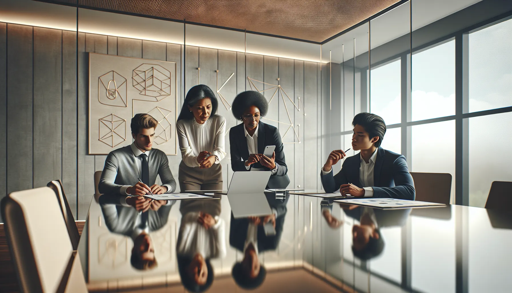 professionals discussing updates for Scookiepad in a modern office.