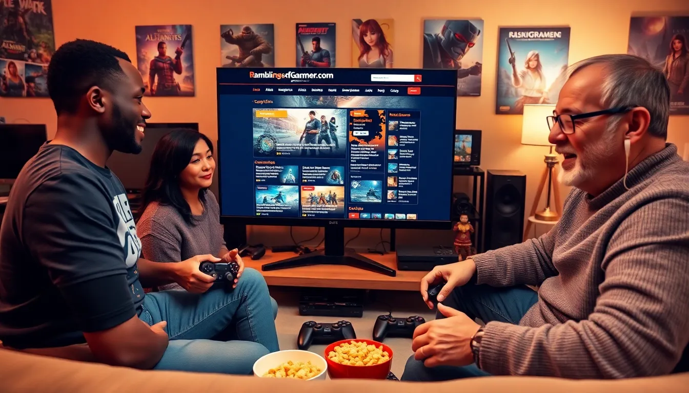 three gamers discussing on a couch with a gaming monitor showing website content.