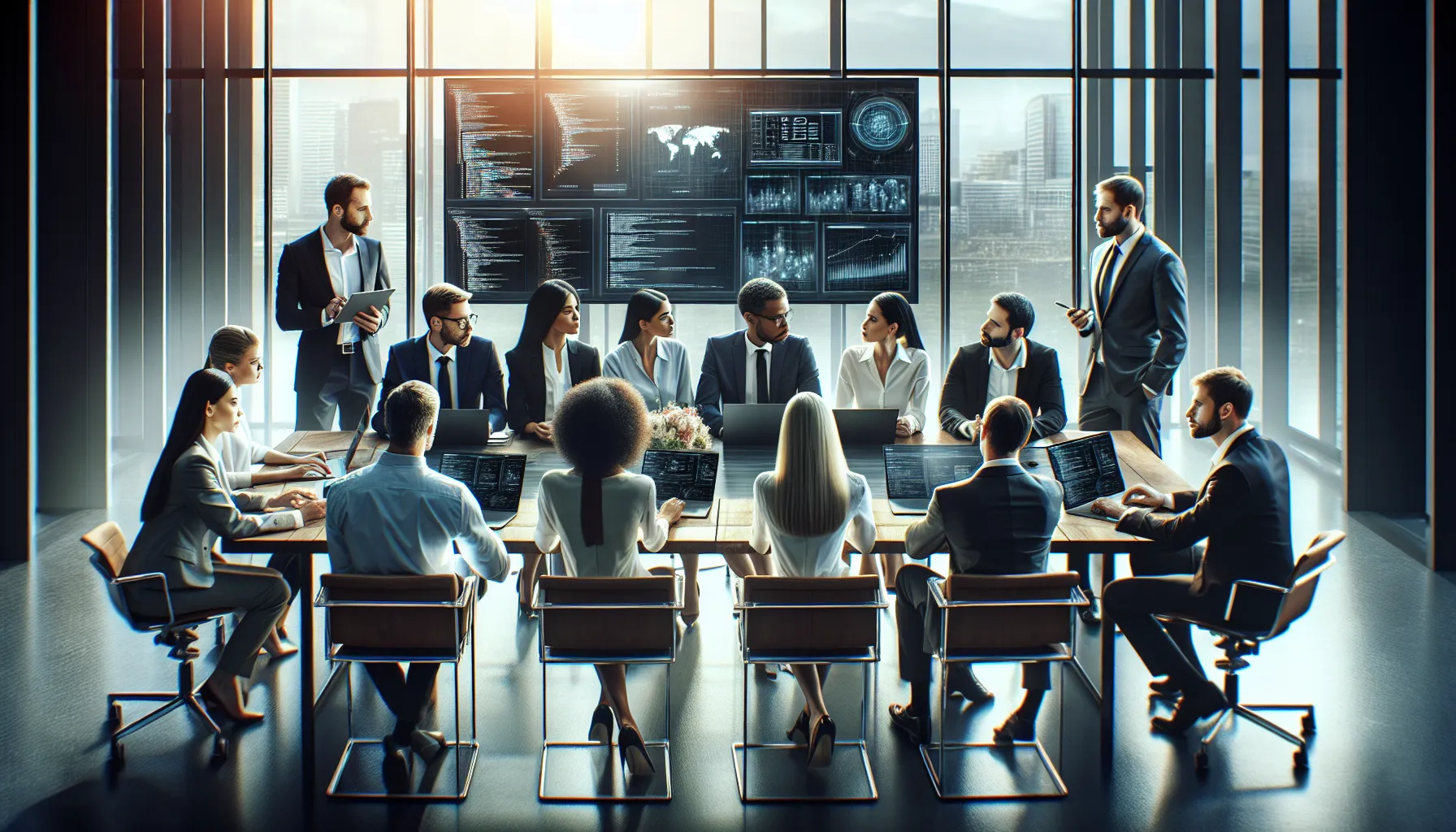 diverse professionals discussing data management in a modern office.