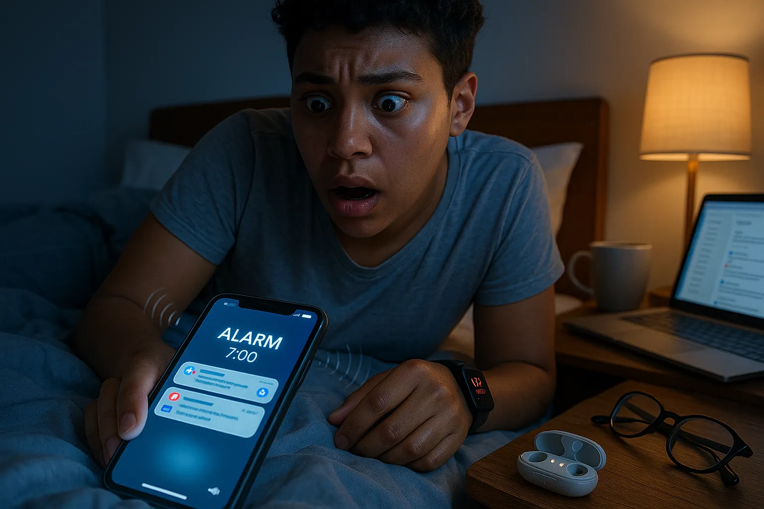 Young adult startled awake by a vibrating, flashing phone in a dim bedroom.