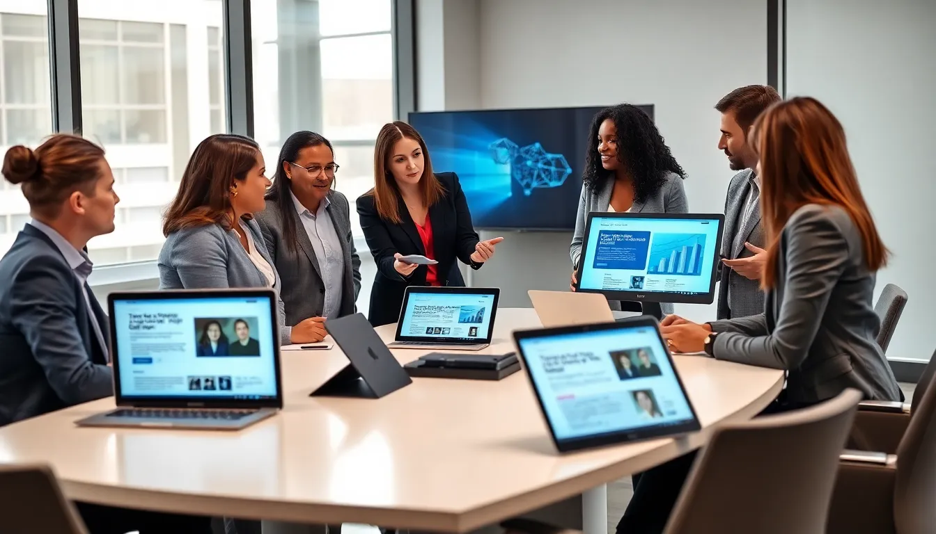 diverse team collaborating in a modern office on technology topics.