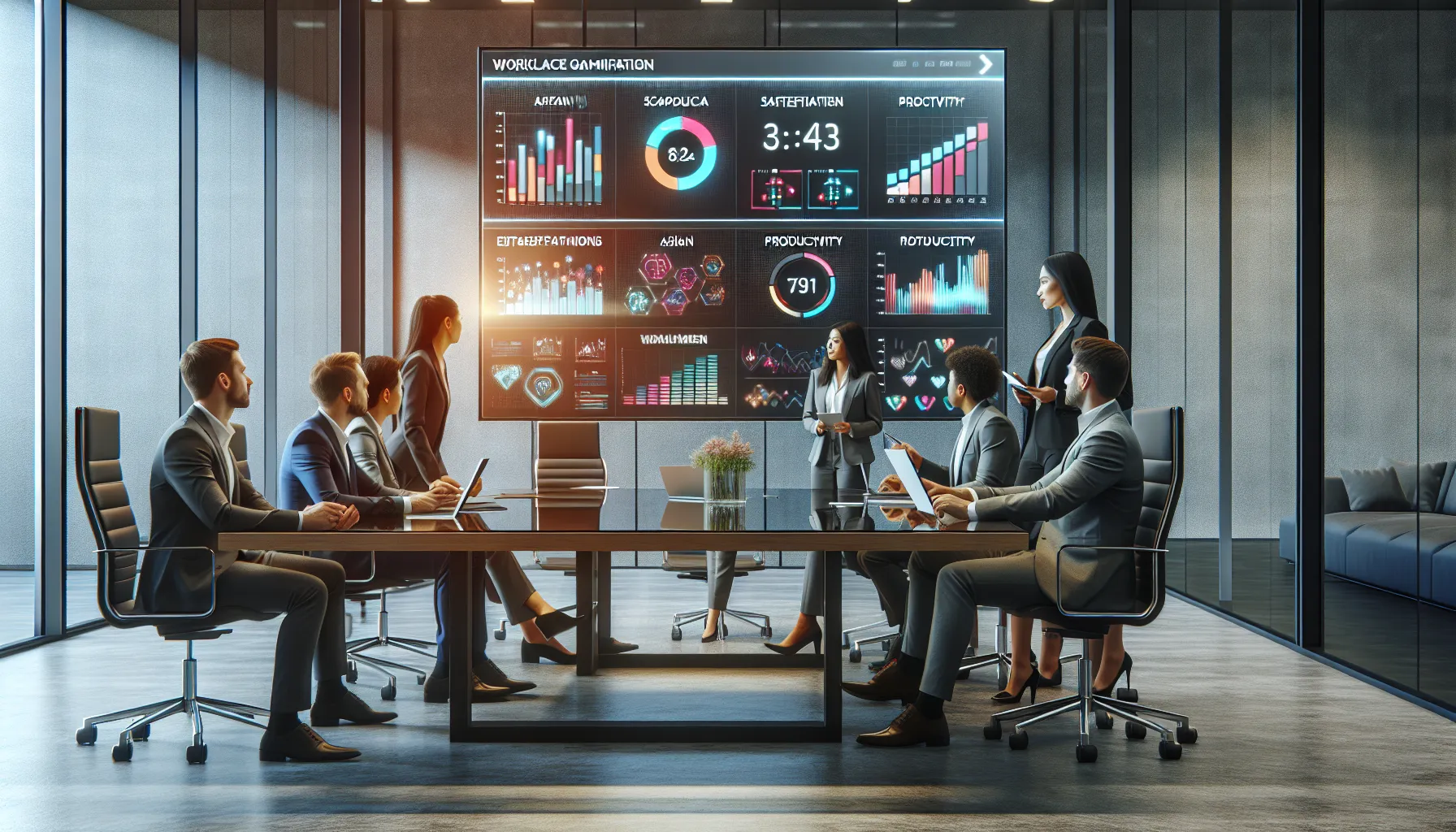 diverse team discussing gamification metrics in a modern office.