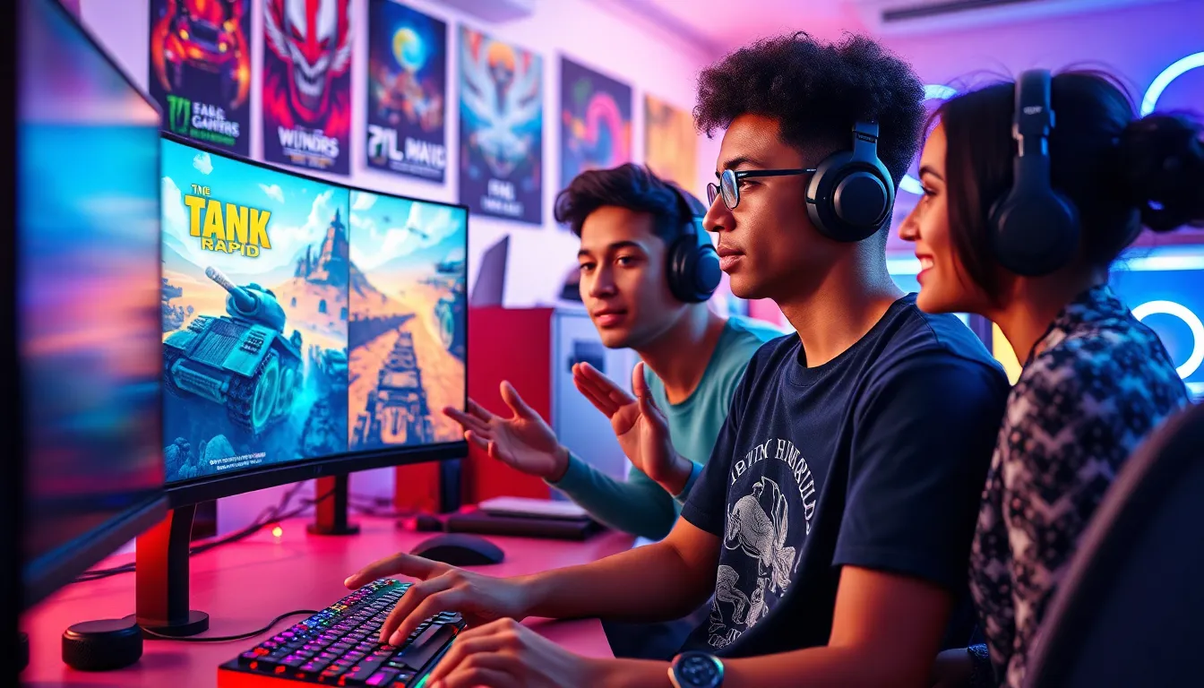 game developers discussing the Tank Rapid trailer in a vibrant studio.