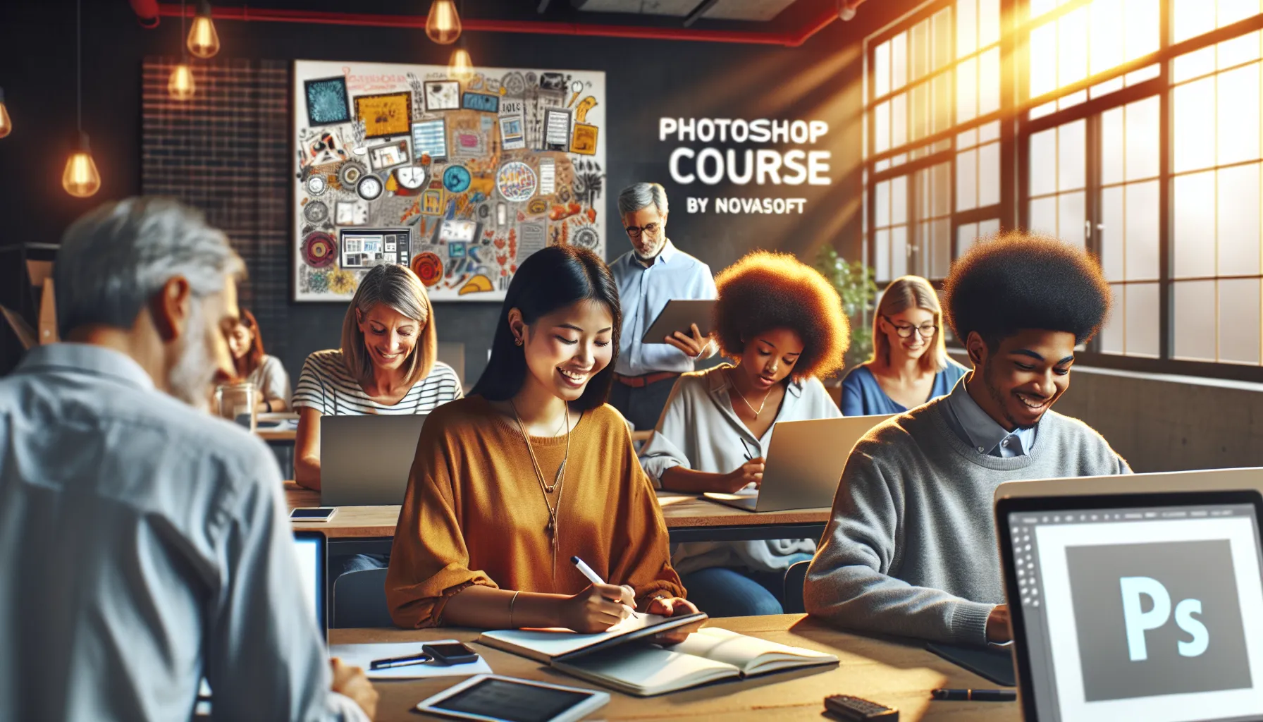 diverse group learning Photoshop in a modern classroom.